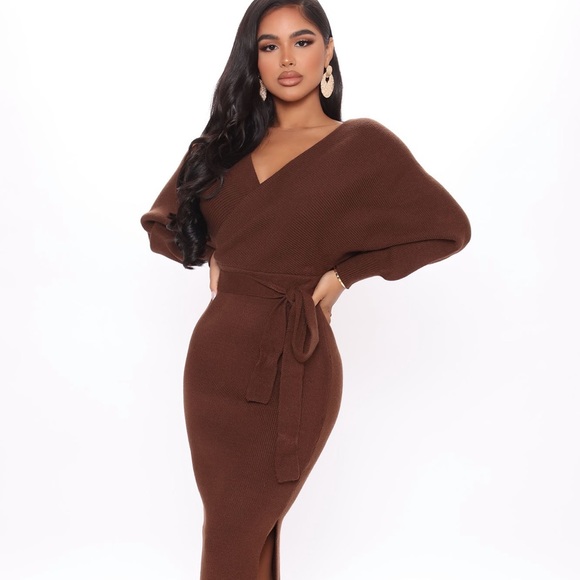 Fashion Nova Dresses & Skirts - FASHION NOVA Mona Midi Chocolate Brown Sweater Wrap Dress